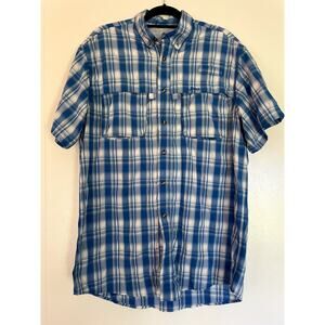 LL BEAN Summer Blue Plaid Men's Button Up Short Sleeve Shirt Size Medium Tall‎